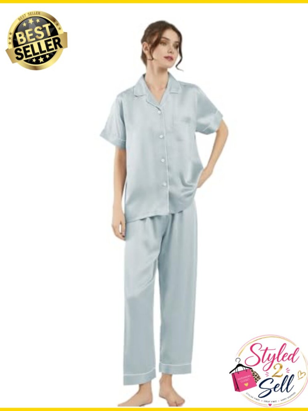 Tencel Satin Pajama Set 2PC Short Sleeve Button Down Wide Leg Pants Sleepwear